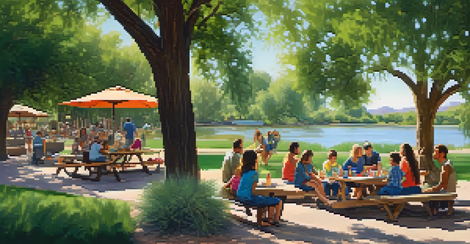 A family reunion in a lush park by a river, with picnic tables and children playing under trees.