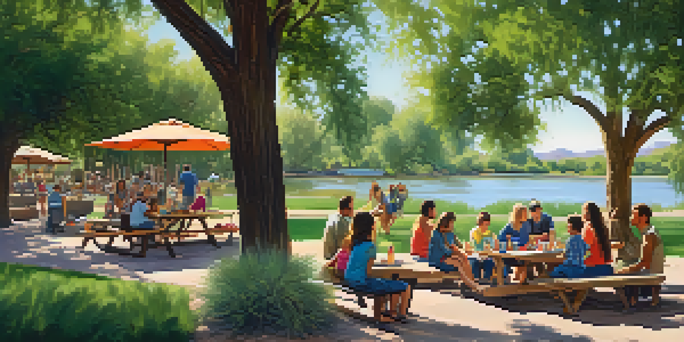 A family reunion in a lush park by a river, with picnic tables and children playing under trees.