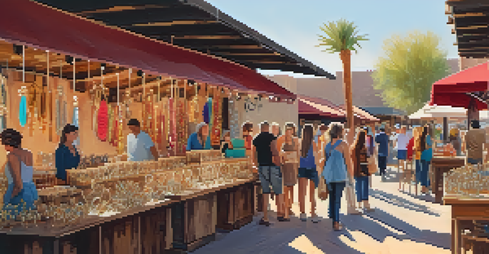 A lively pop-up shop in Scottsdale filled with colorful handmade jewelry and people browsing.