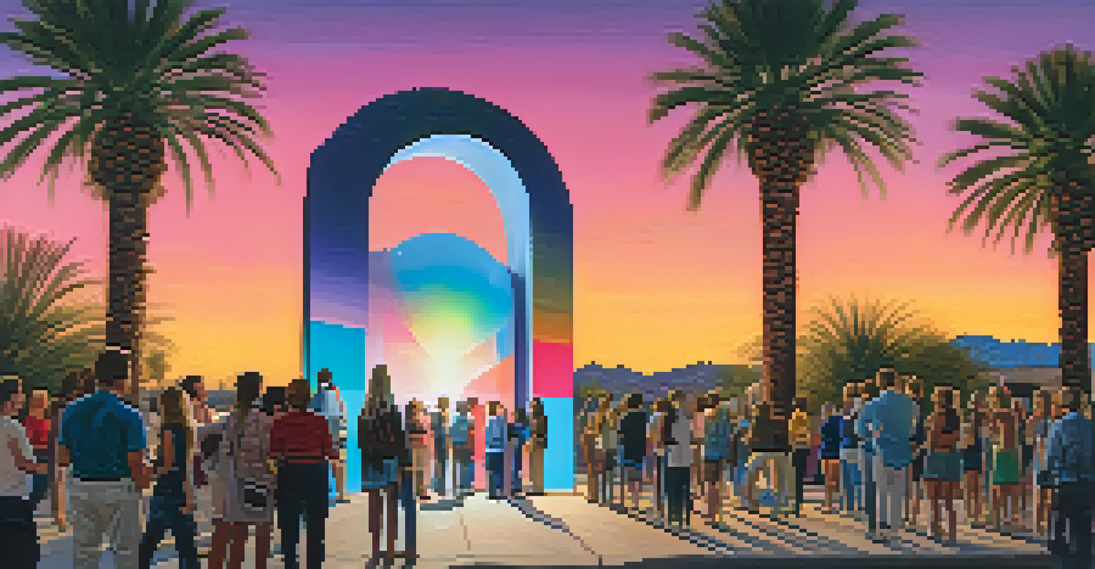A brightly lit art installation called 'The Door' with people admiring it at night.