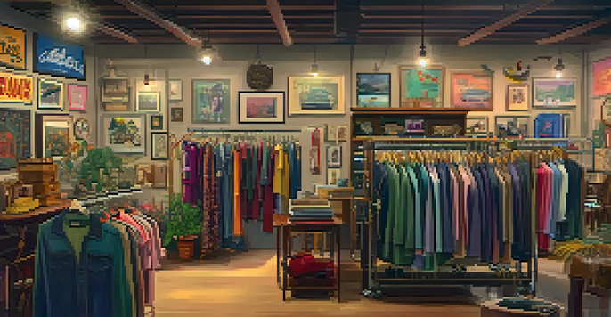 A cozy thrift shop with colorful vintage clothes and eclectic home decor, warmly lit with retro posters on the walls.