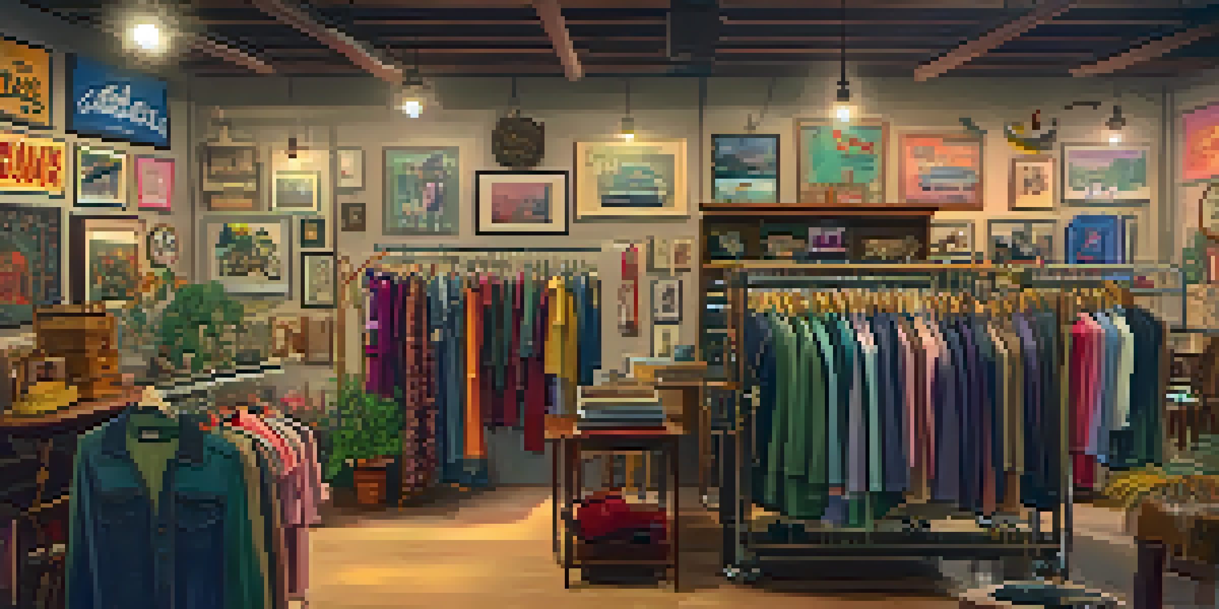 A cozy thrift shop with colorful vintage clothes and eclectic home decor, warmly lit with retro posters on the walls.