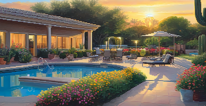 A beautiful pet-friendly hotel with a garden and pool, featuring a happy dog running in the foreground during sunset.