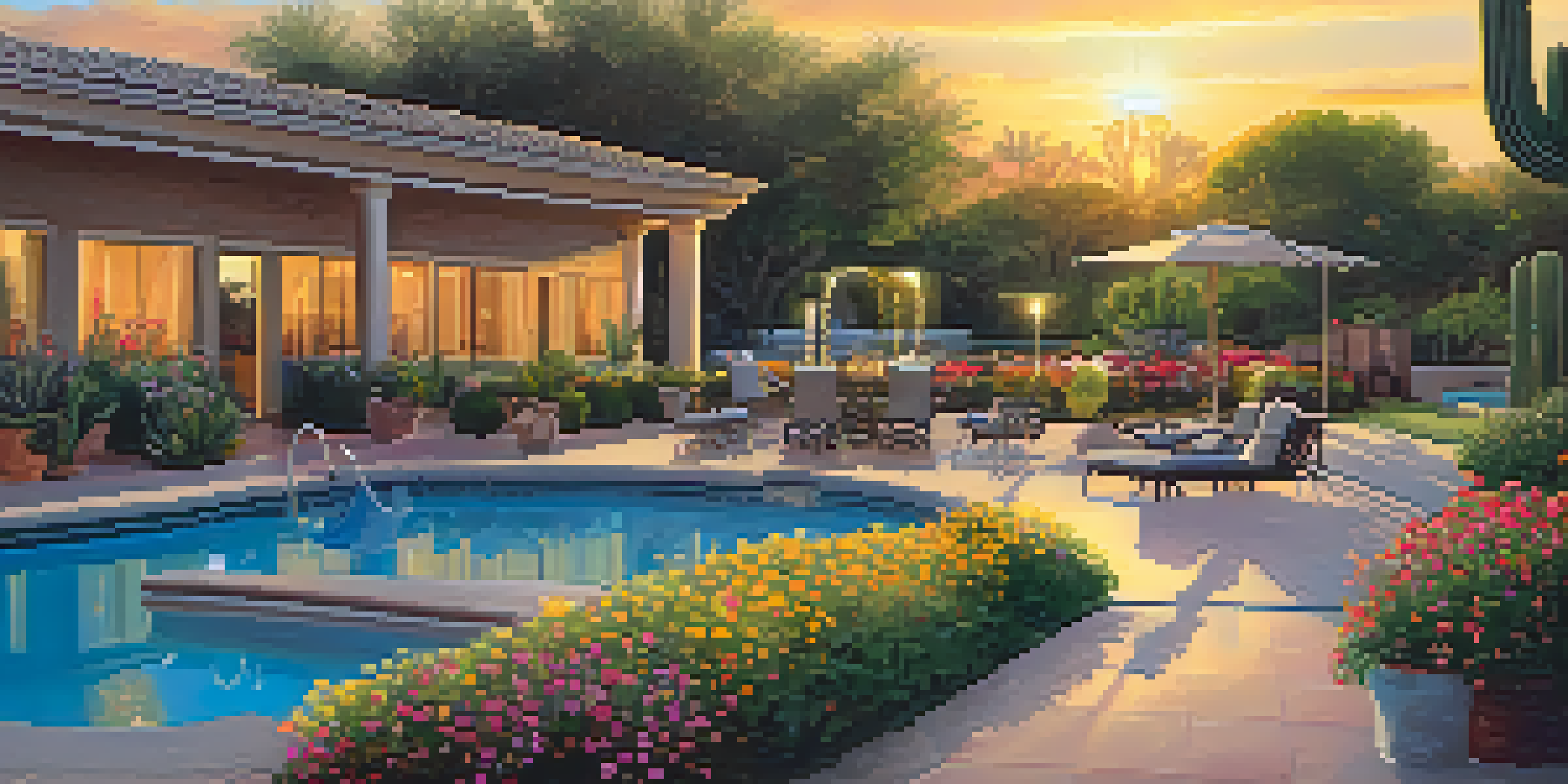A beautiful pet-friendly hotel with a garden and pool, featuring a happy dog running in the foreground during sunset.