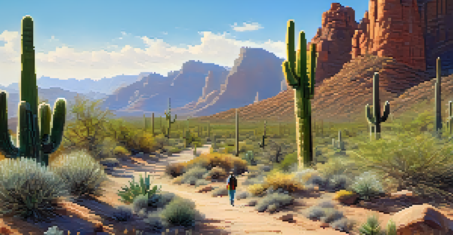 A person hiking on a desert trail surrounded by cacti and wildflowers under a clear blue sky.