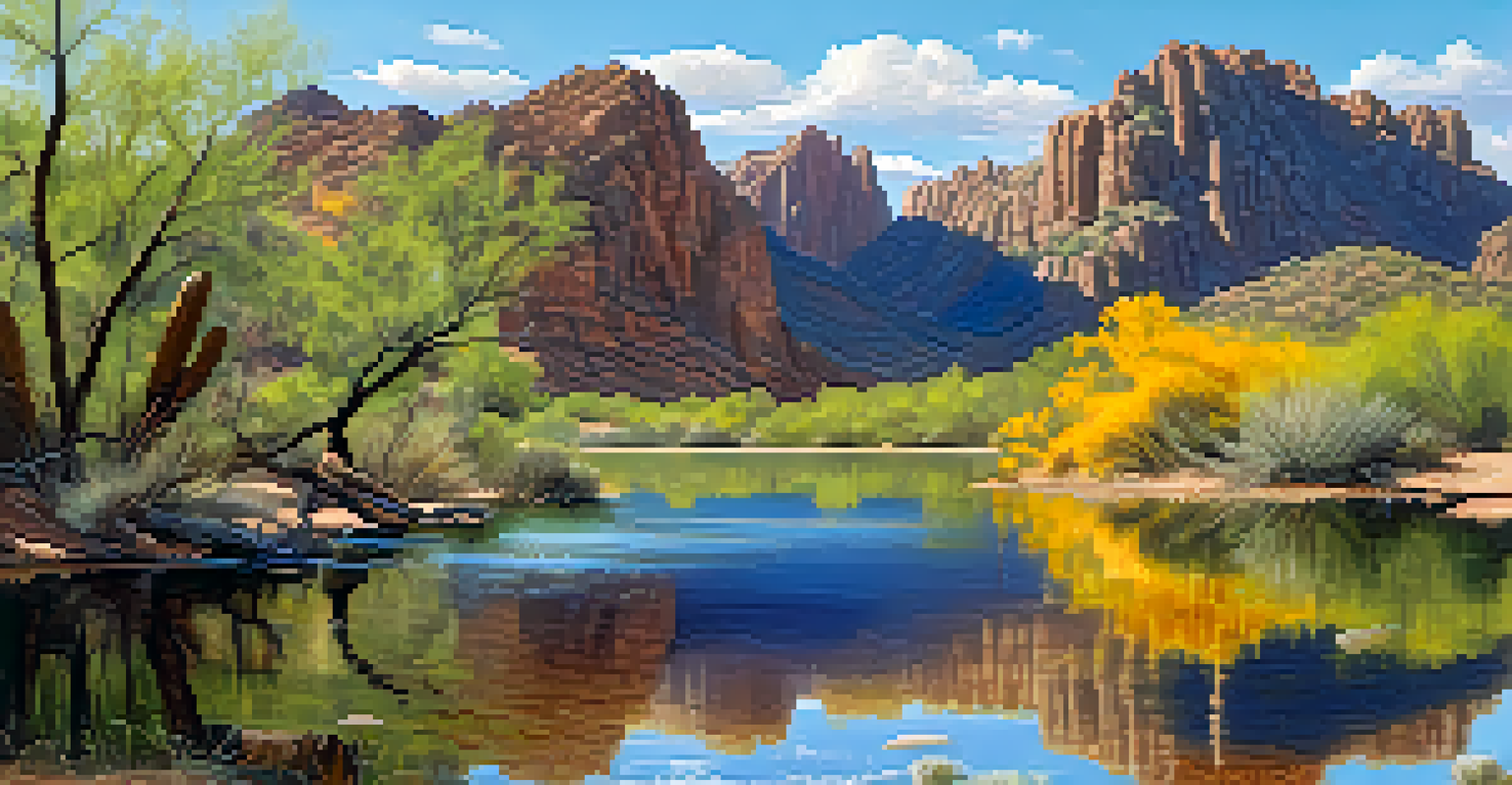 A peaceful view of Saguaro Lake with hiking trails and wildflowers.