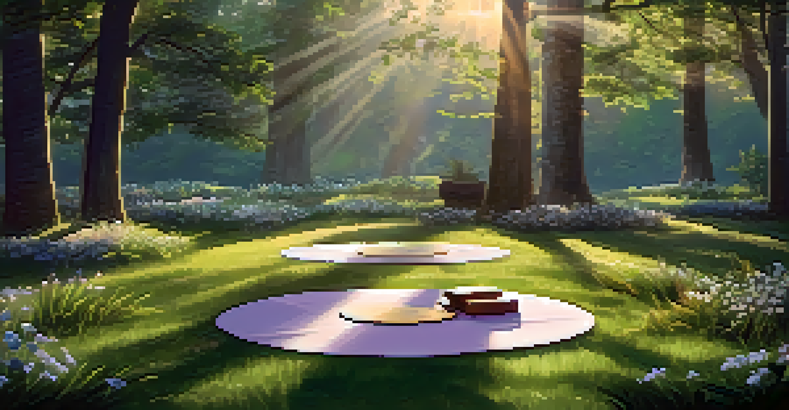 An outdoor yoga retreat setup with mats in a circle on grass, surrounded by wildflowers and a table of fresh fruits, all illuminated by soft morning light.