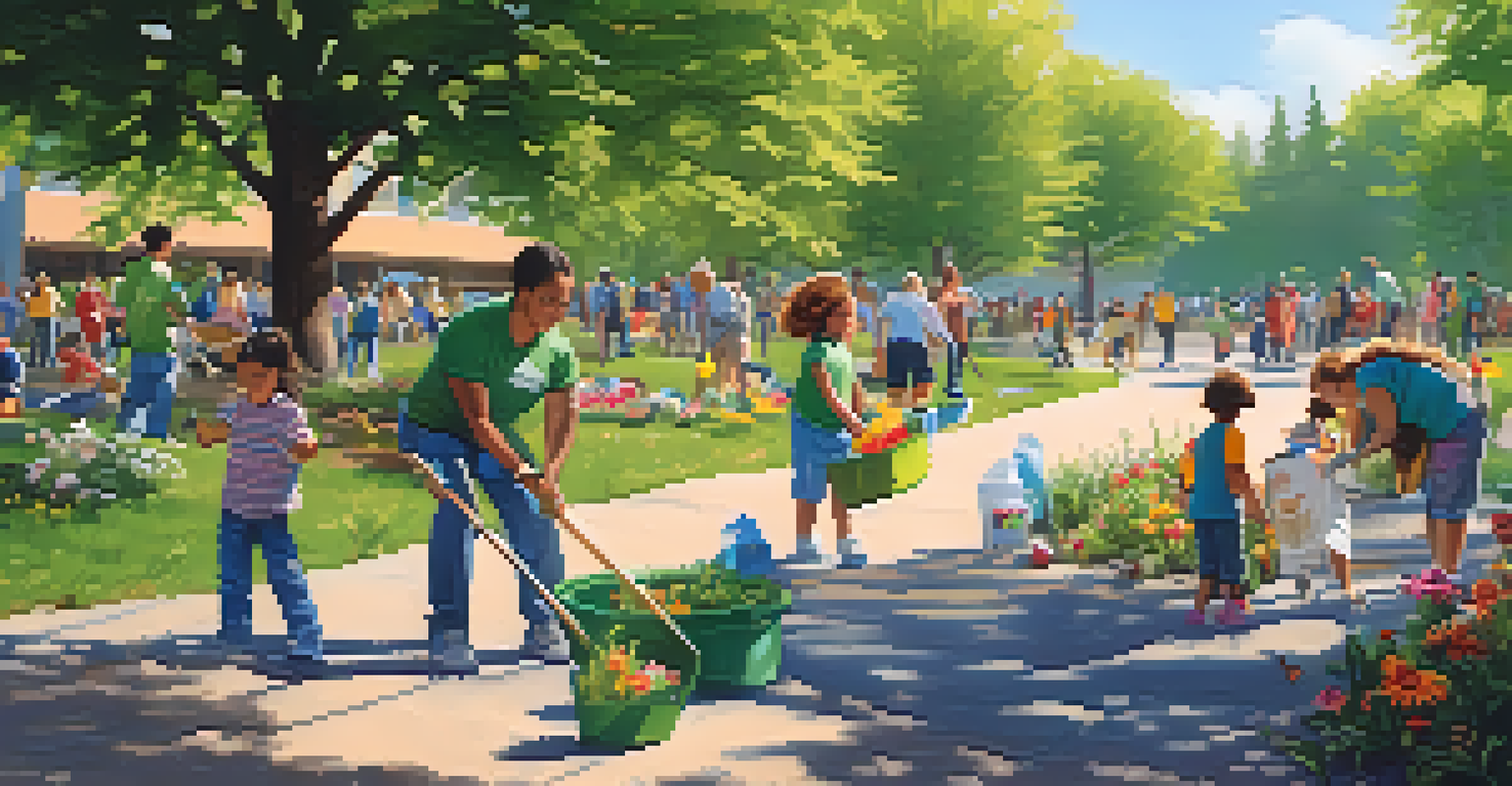 Families engaged in a community clean-up event at a park, picking up litter and planting flowers under a bright blue sky.