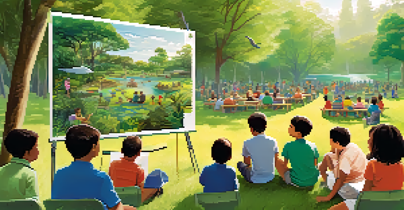 A community event in a park with families attending a wildlife conservation workshop surrounded by greenery and sunlight.