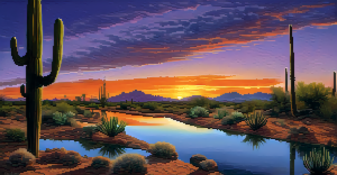 A sunset over the Sonoran Desert with silhouetted cacti and a winding canal, reflecting warm colors in the sky.