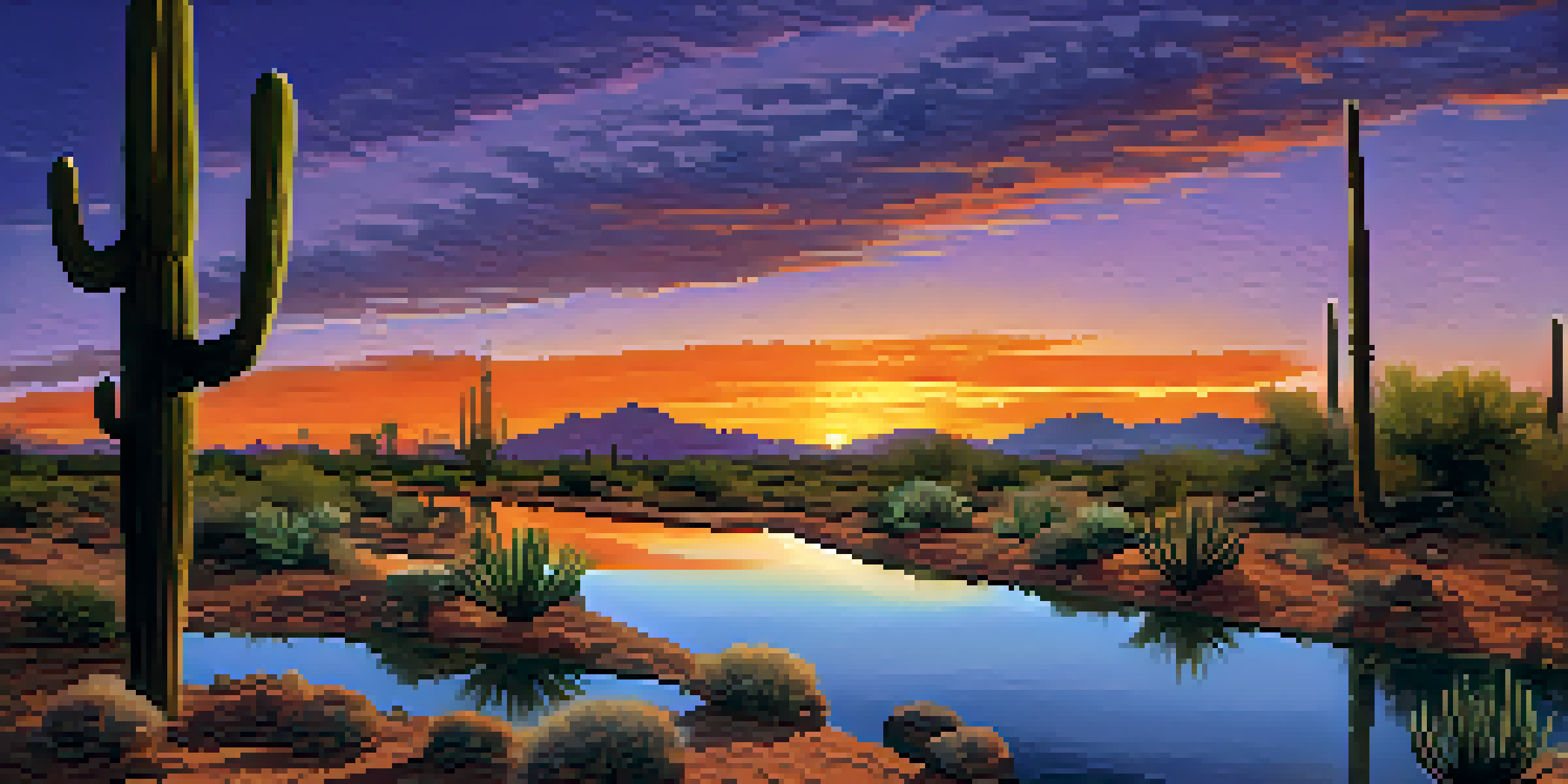 A sunset over the Sonoran Desert with silhouetted cacti and a winding canal, reflecting warm colors in the sky.