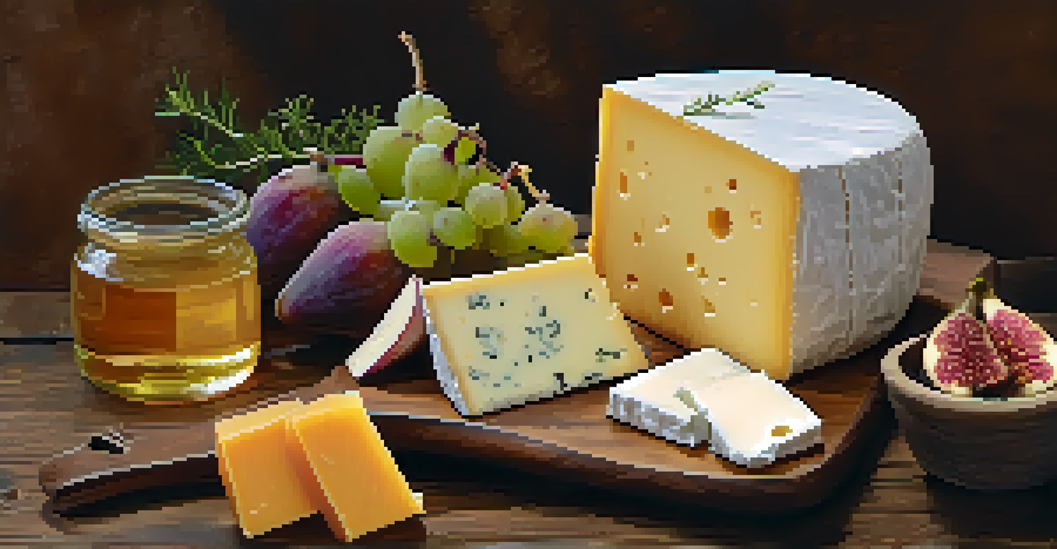 A gourmet cheese platter featuring various artisan cheeses, garnished with herbs, honey, and figs, set against a rustic background.