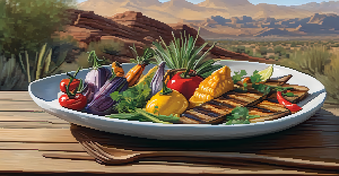 A colorful Southwest-inspired dish beautifully plated on a rustic table, with a scenic desert backdrop.