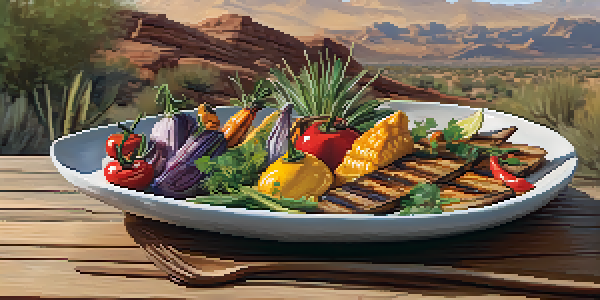 A colorful Southwest-inspired dish beautifully plated on a rustic table, with a scenic desert backdrop.