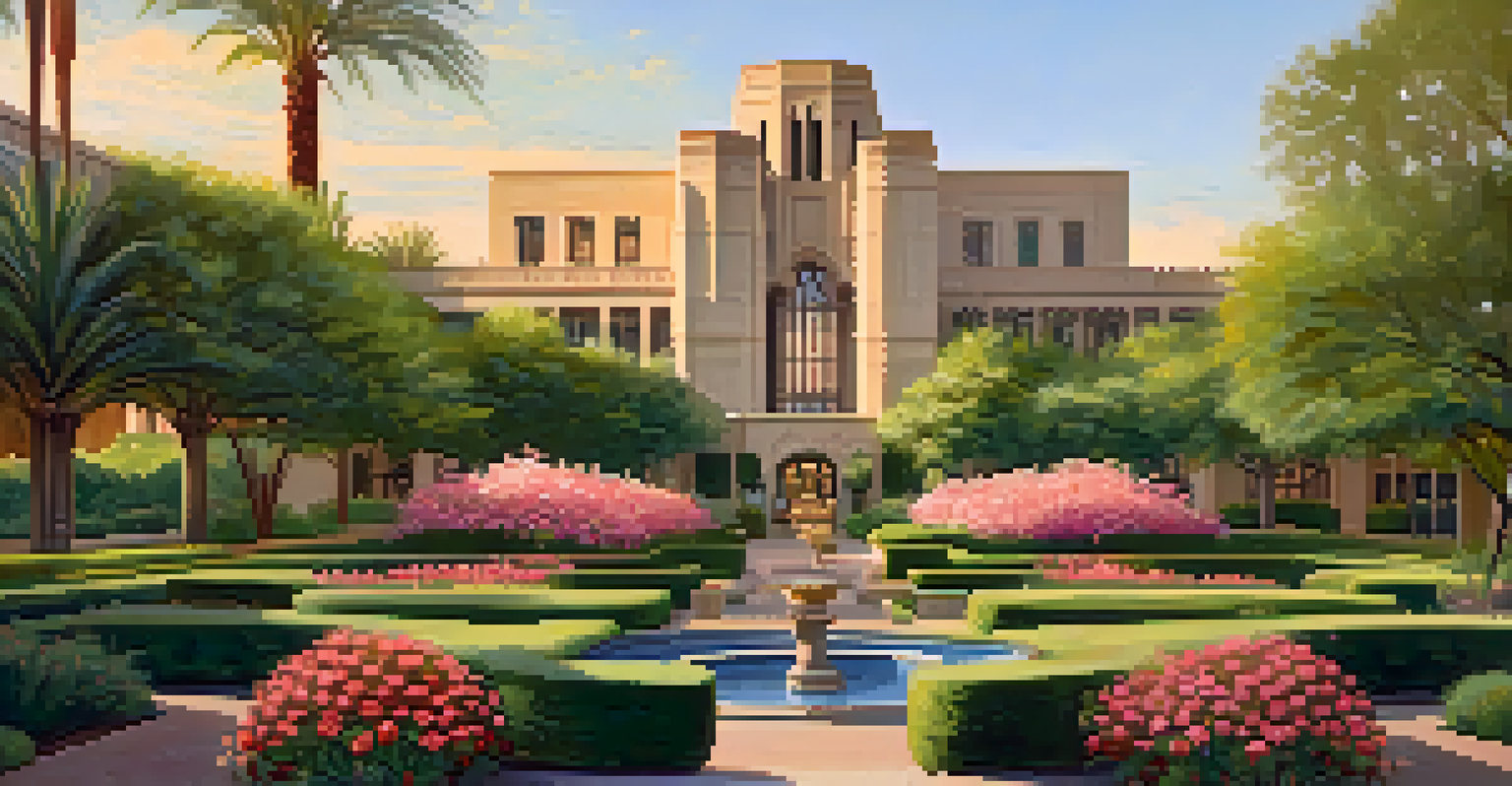 Beautiful gardens of the Arizona Biltmore with blooming flowers and elegant architecture in the background, illuminated by warm light.