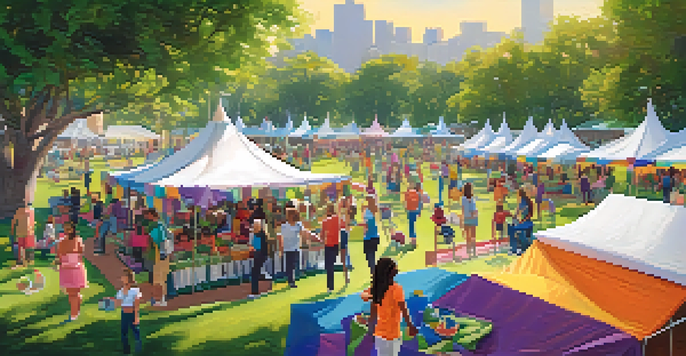 A sunny community wellness fair in a park with colorful tents, people participating in fitness classes, and families at nutrition workshops, surrounded by greenery and flowers.