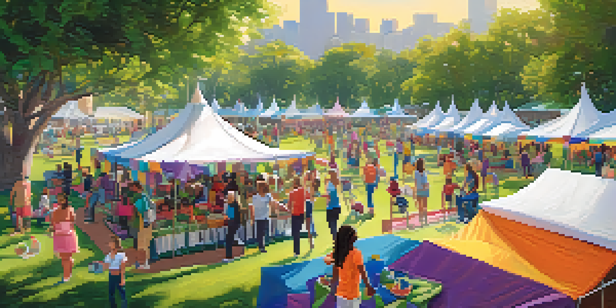 A sunny community wellness fair in a park with colorful tents, people participating in fitness classes, and families at nutrition workshops, surrounded by greenery and flowers.