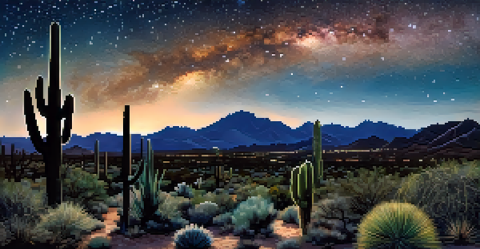 A panoramic view of a starry night sky over a desert landscape with silhouetted cacti and mountains, highlighting the Milky Way.