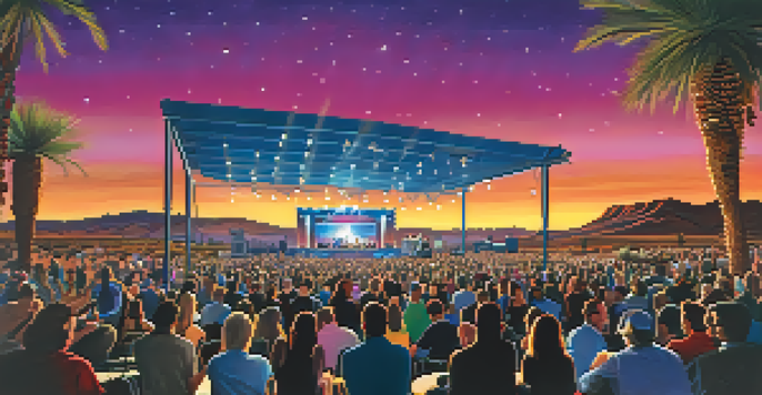 A lively outdoor concert at Desert Diamond Casino with a diverse audience under a starry sky and colorful stage lights.