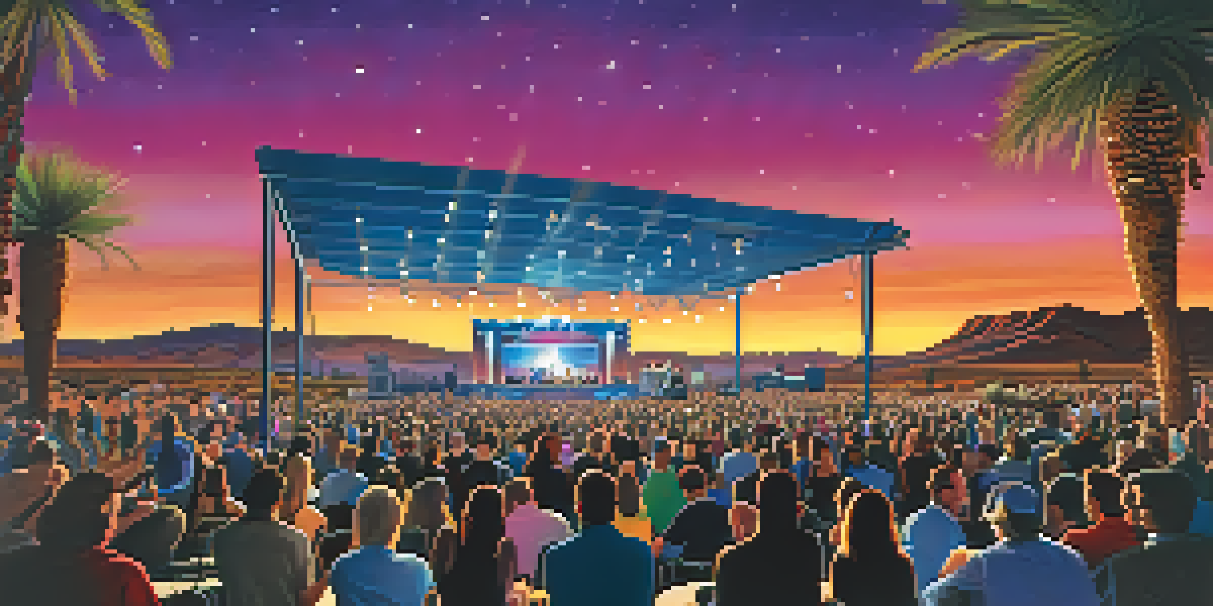 A lively outdoor concert at Desert Diamond Casino with a diverse audience under a starry sky and colorful stage lights.