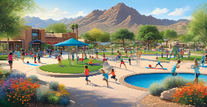 A community park filled with families engaging in various outdoor activities, including children playing and adults jogging.