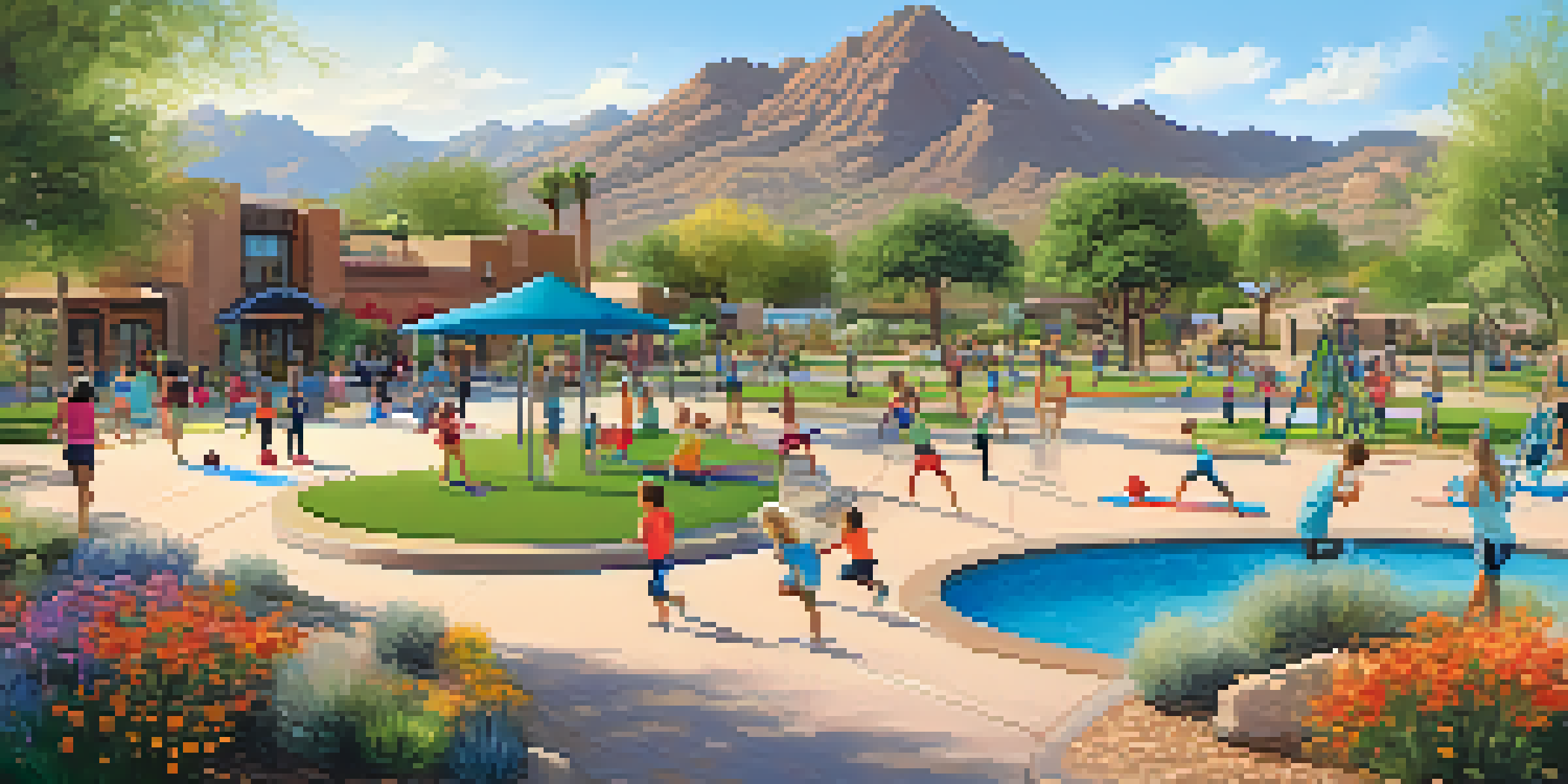 A community park filled with families engaging in various outdoor activities, including children playing and adults jogging.