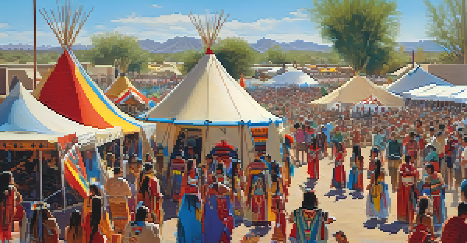 A vibrant outdoor festival scene with dancers in traditional attire and colorful tents showcasing Native American art.