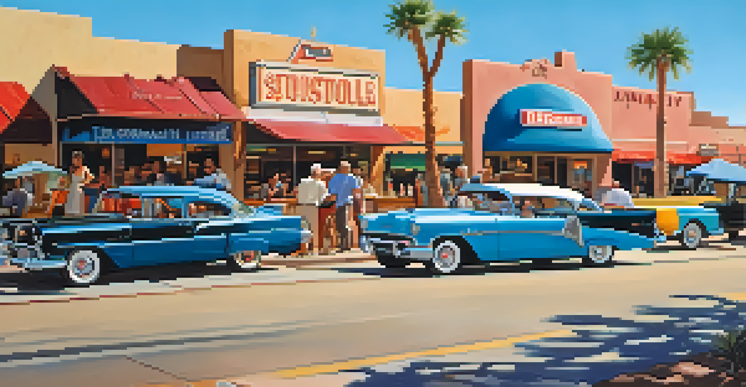 A post-war street scene in Scottsdale with vintage cars, diners, and local shops, showcasing community growth.