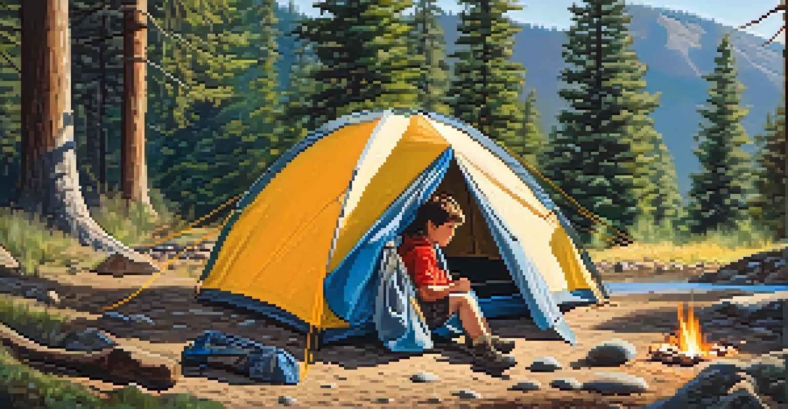 A child setting up a tent while family members assist in a campsite with mountains in the background.