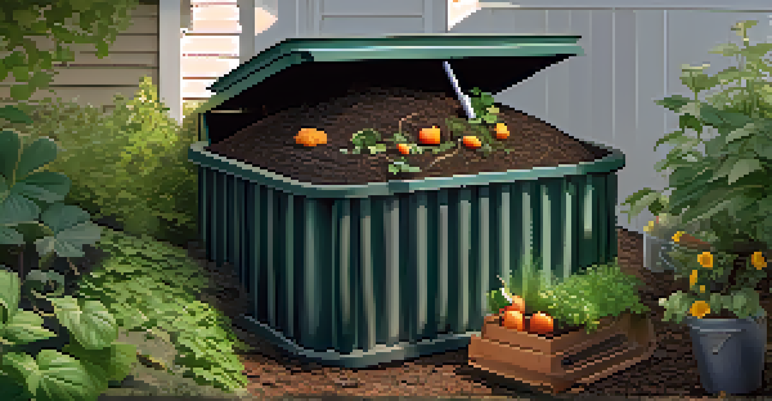 Close-up of a compost bin filled with dark, nutrient-rich compost, surrounded by thriving plants in a sunny garden.