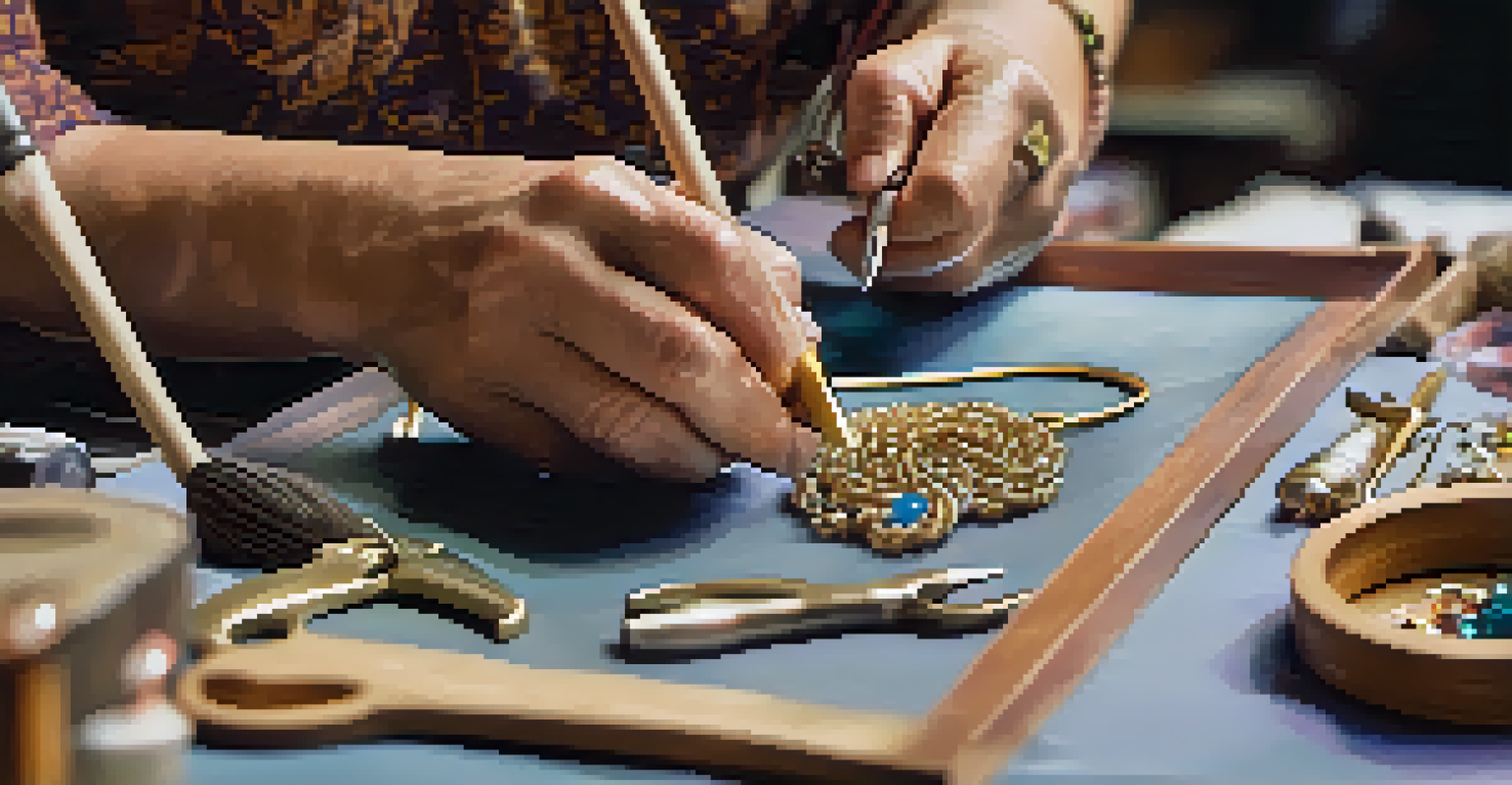 An artisan's hands working on a jewelry piece at a craft fair, surrounded by tools and colorful materials, with soft natural lighting.