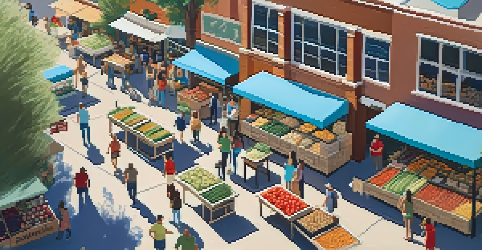 An aerial view of the Old Town Scottsdale Farmers Market with colorful produce and shoppers enjoying a community atmosphere.