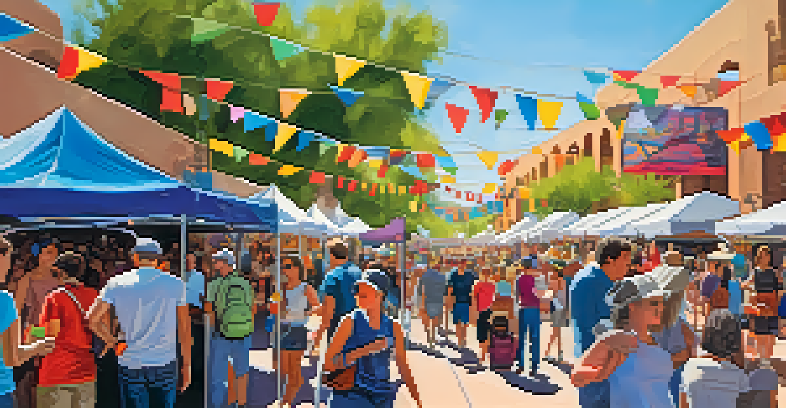 A vibrant scene at the Scottsdale Arts Festival with art displays, food stalls, and live music, showcasing a lively community atmosphere.