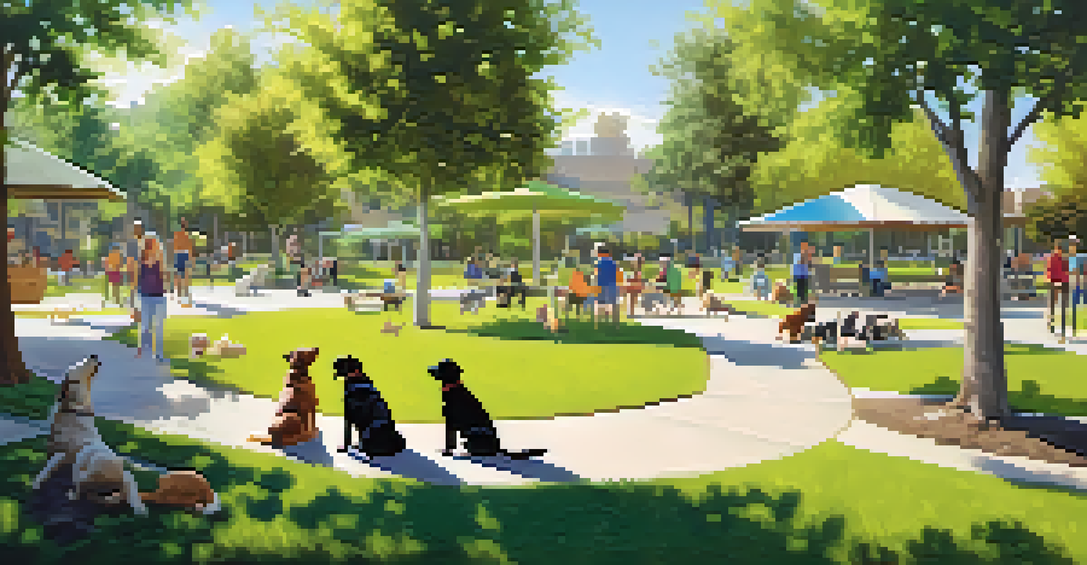 Dogs playing in a park with their owners nearby under sunny skies.
