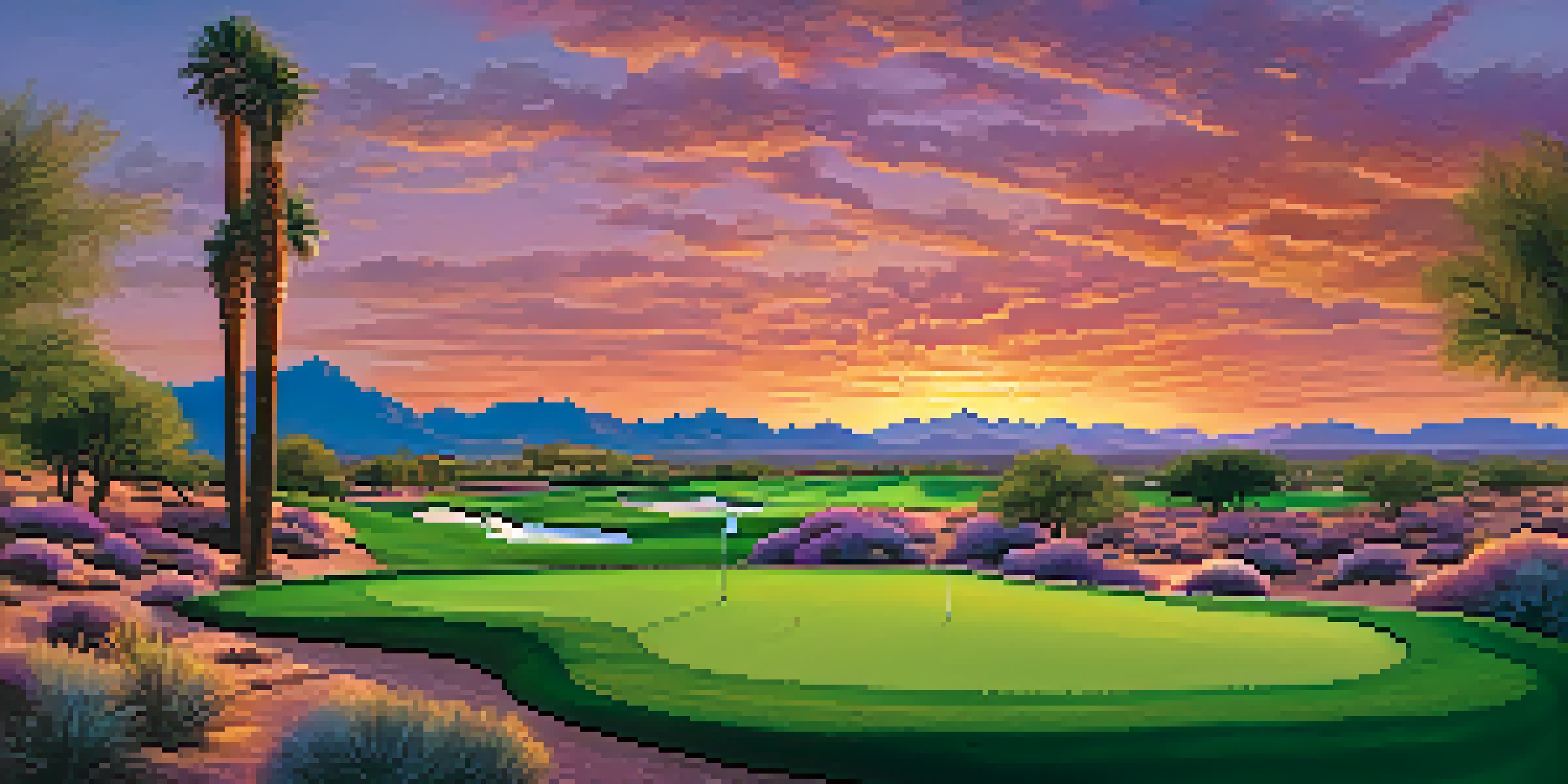 A golfer swinging on a lush green golf course in Scottsdale during a colorful sunset, with mountains and desert scenery in the background.