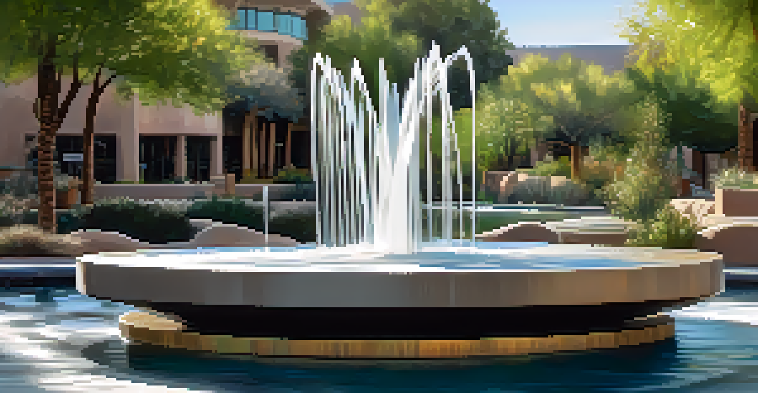 A sculpture depicting a waterfall in the Scottsdale Waterfront, surrounded by lush greenery and illuminated by soft sunlight, creating a tranquil atmosphere.