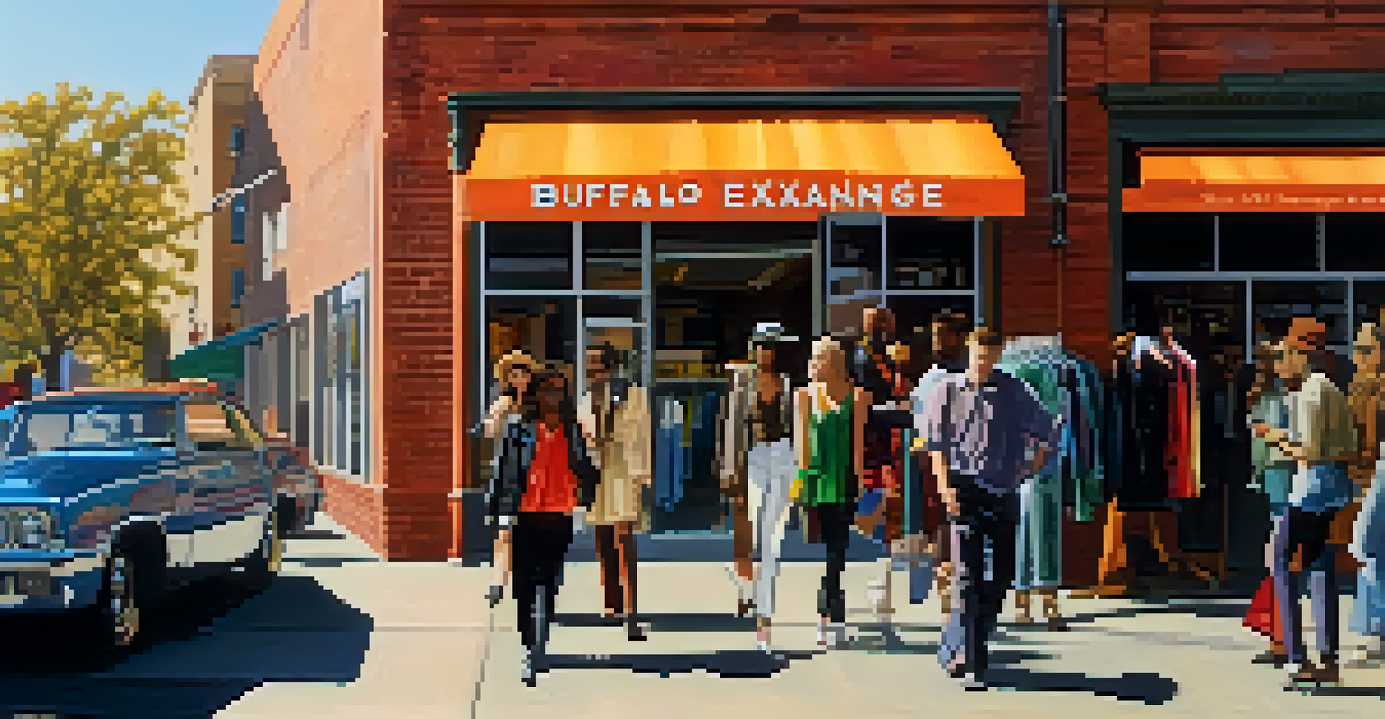 A trendy thrift store with a colorful sign and stylish clothing displayed in the windows, with people entering the store.
