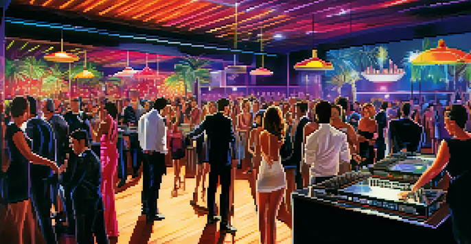 A lively upscale nightclub in Scottsdale filled with people dancing and colorful lights illuminating the space.
