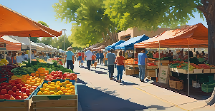 A lively farmers' market with colorful stalls and shoppers, featuring fresh fruits and vegetables under dappled sunlight.