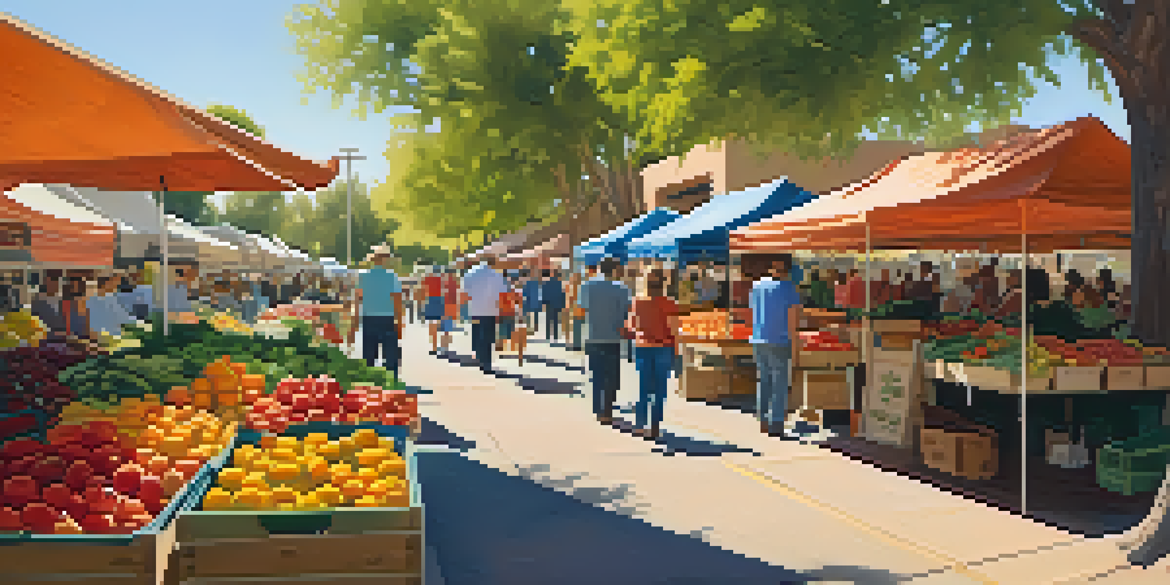 A lively farmers' market with colorful stalls and shoppers, featuring fresh fruits and vegetables under dappled sunlight.