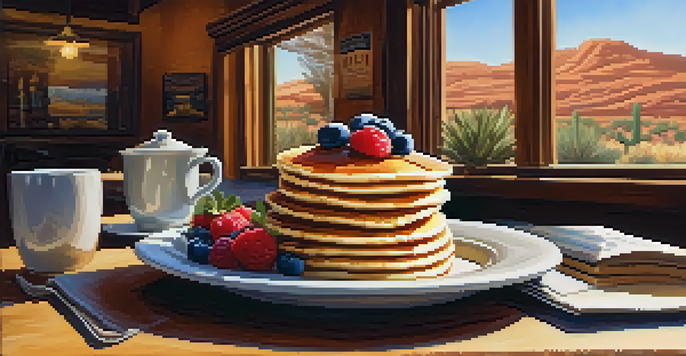 A cozy breakfast setup with pancakes and coffee in a café, illuminated by warm light and a view of the desert outside.