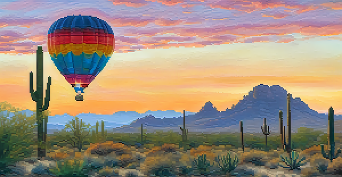 A colorful hot air balloon in the sky at sunrise over the desert, with orange and pink hues illuminating the landscape below, including cacti and Camelback Mountain.