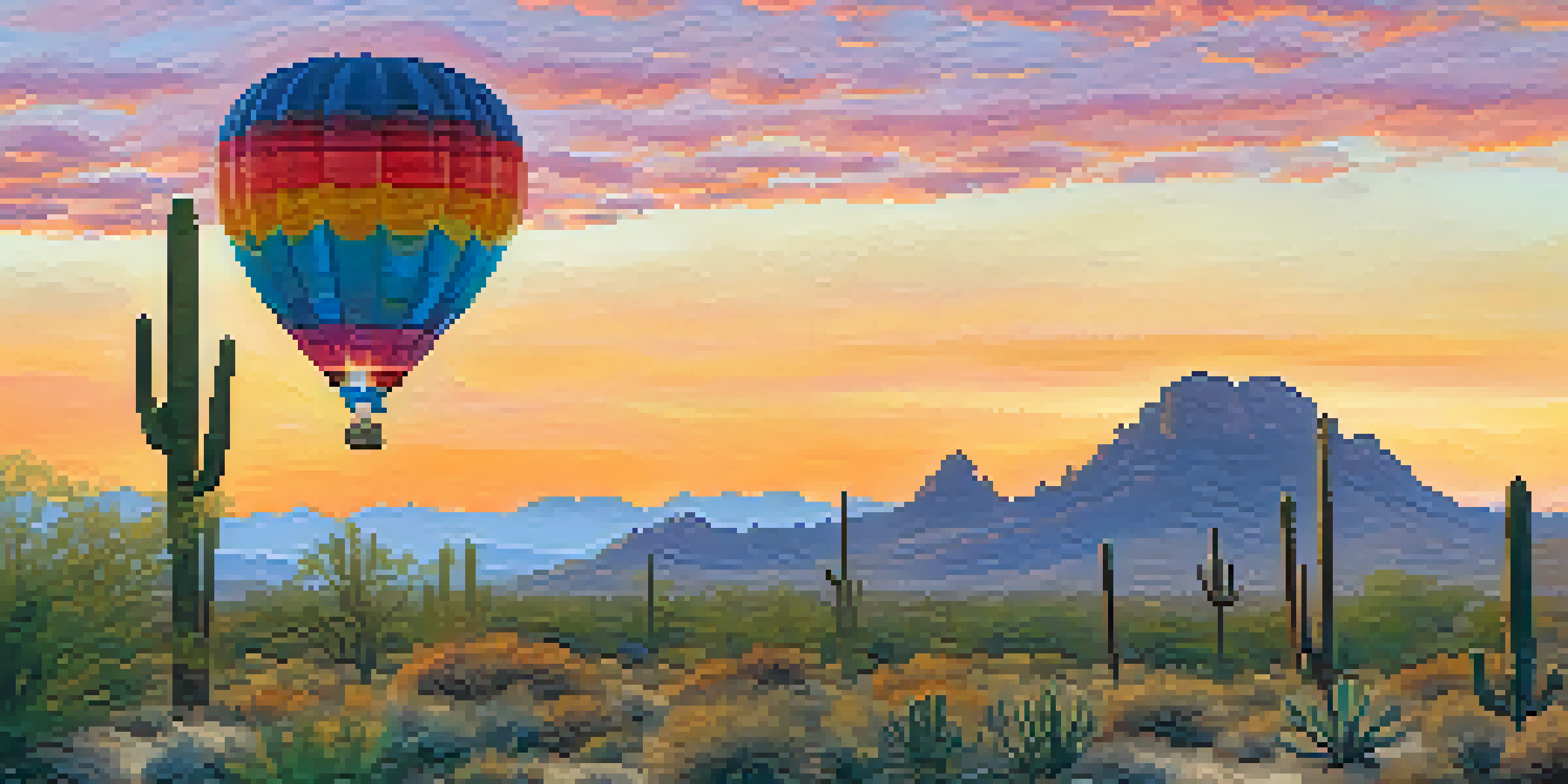 A colorful hot air balloon in the sky at sunrise over the desert, with orange and pink hues illuminating the landscape below, including cacti and Camelback Mountain.