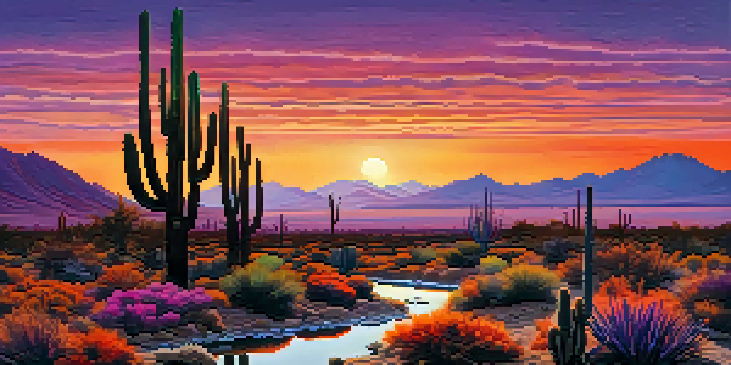 A beautiful desert landscape at sunset with colorful skies, silhouetted cacti, and a reflective river.
