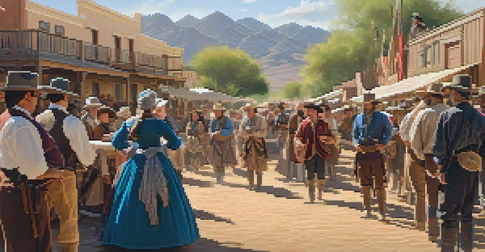A lively historical reenactment in Scottsdale with participants in colorful period costumes set against an old Western town backdrop.