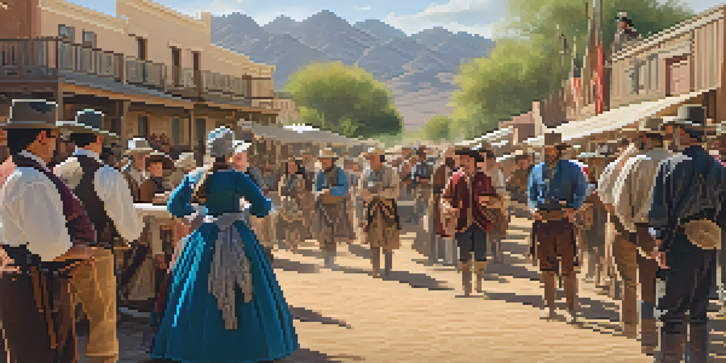 A lively historical reenactment in Scottsdale with participants in colorful period costumes set against an old Western town backdrop.