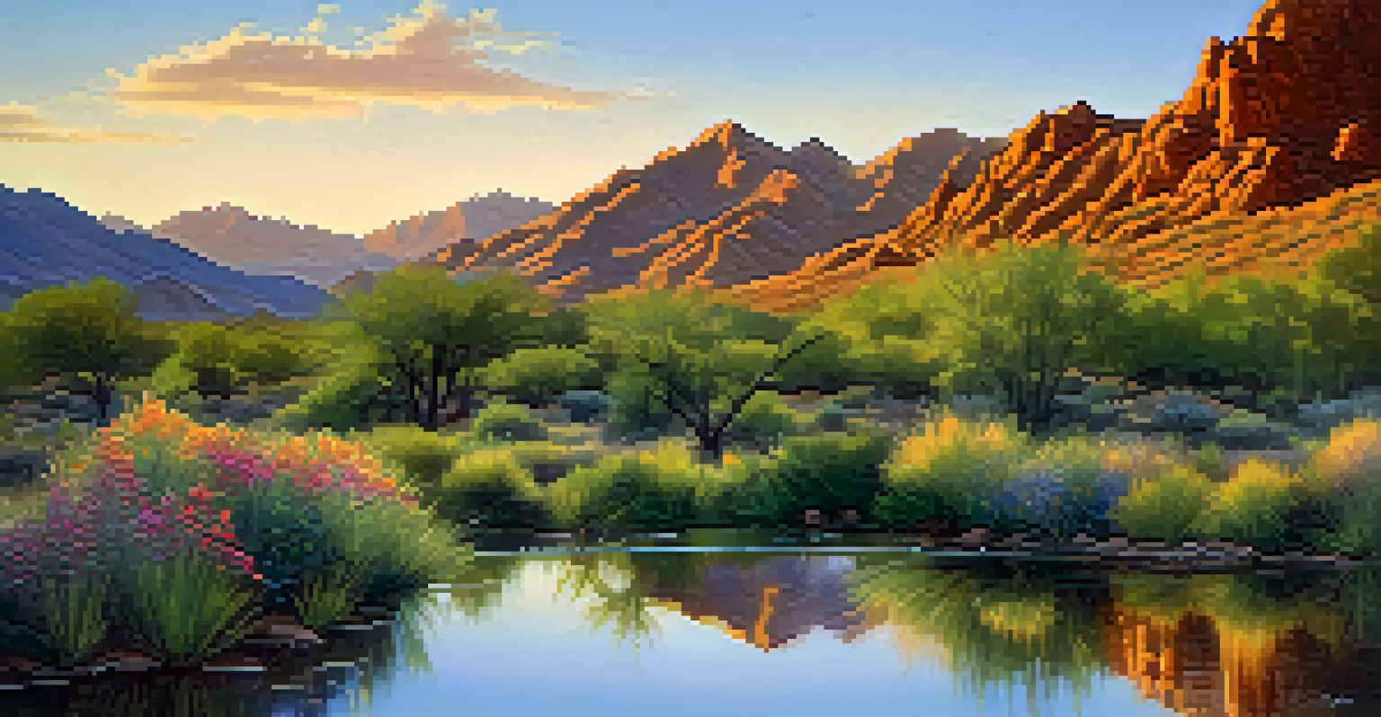 The McDowell Mountains reflecting in a lake during golden hour, surrounded by greenery and wildflowers.