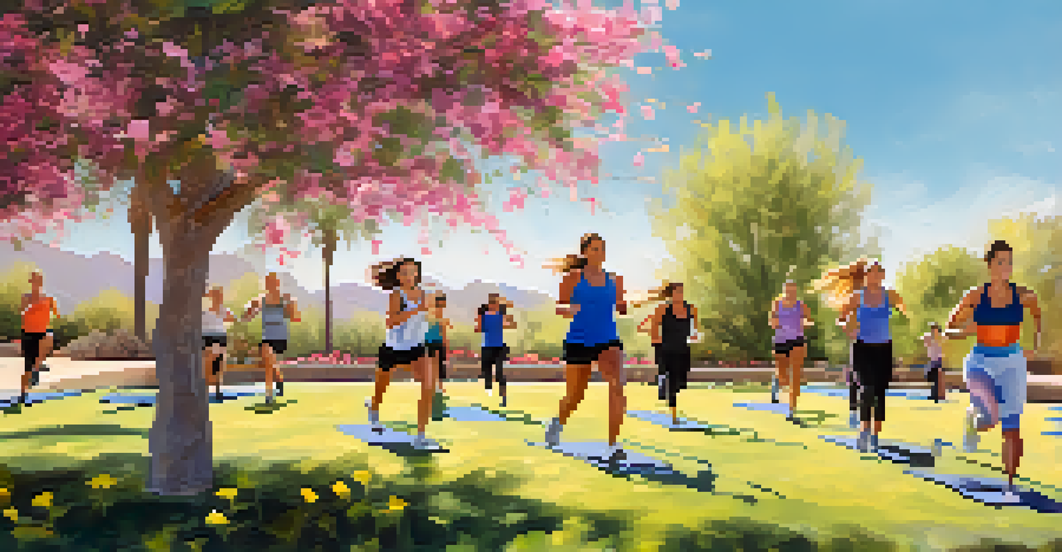 Participants in a HIIT class energetically performing exercises in a Scottsdale park, surrounded by flowers and walking trails under a blue sky.