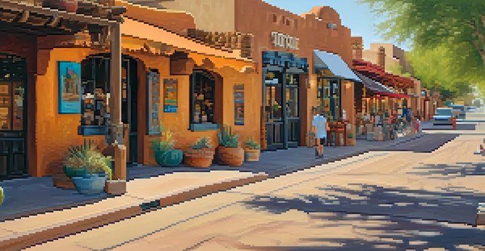 A lively street in Old Town Scottsdale featuring adobe buildings and colorful murals, with people walking and shopping.