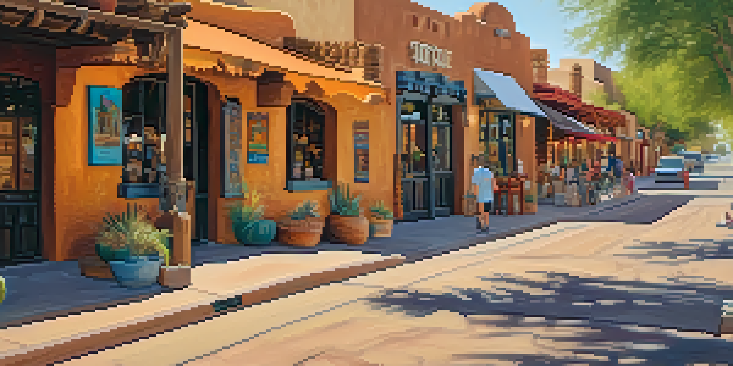 A lively street in Old Town Scottsdale featuring adobe buildings and colorful murals, with people walking and shopping.